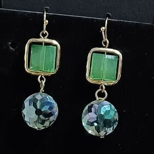 Colorful Gold-Toned Blue & Green Dangle Earrings